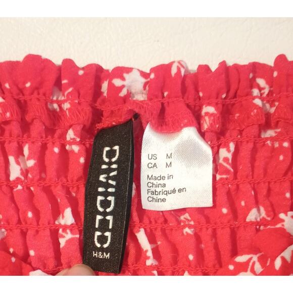 DIVIDEND by H&M Red White Floral Crop Top Blouse Puff Ruffle Sleeve Medium - Picture 5 of 8
